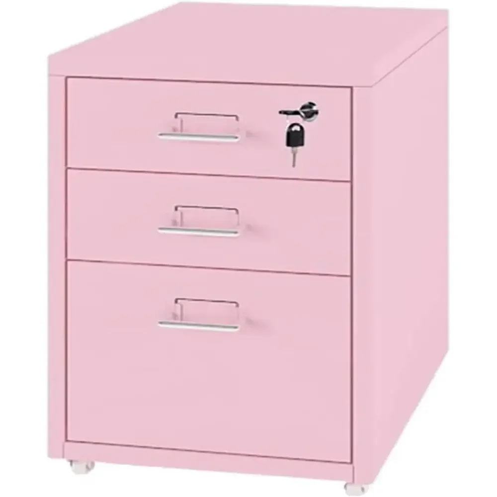 Mobile Cabinet with 3 Drawers, Locking Casters, Under Desk Storage, Pink