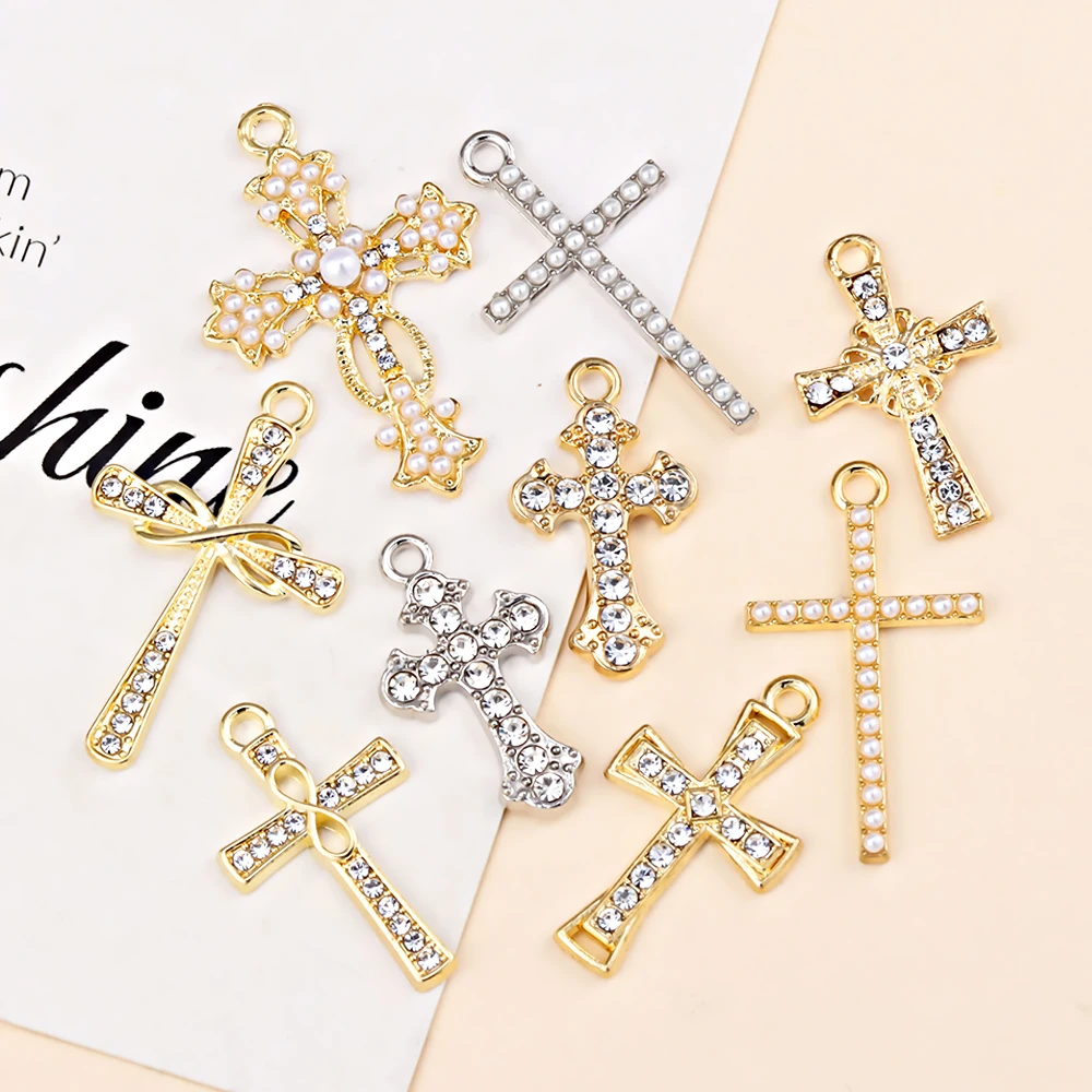 Exquisite Jewelry Accessories Pearl Crystal Rhinestone Alloy Cross Charms DIY Earrings Necklace Christian Crucifix Pendants Craf