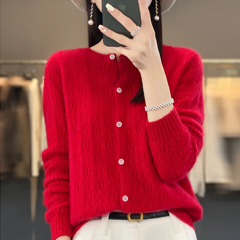 Wool Cardigan Sweater Women O-neck Long Sleeve Top Knitted Korean Style Hollow Out New In Outerwear Mujer Knitwear Spring Clothe