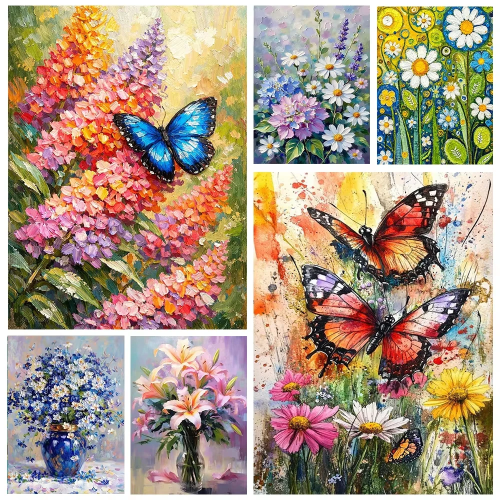 Floral Butterfly Digital Oil Painting By Numbers on Canvas Home Decor for Living Room Bedroom Handmade DIY Gift