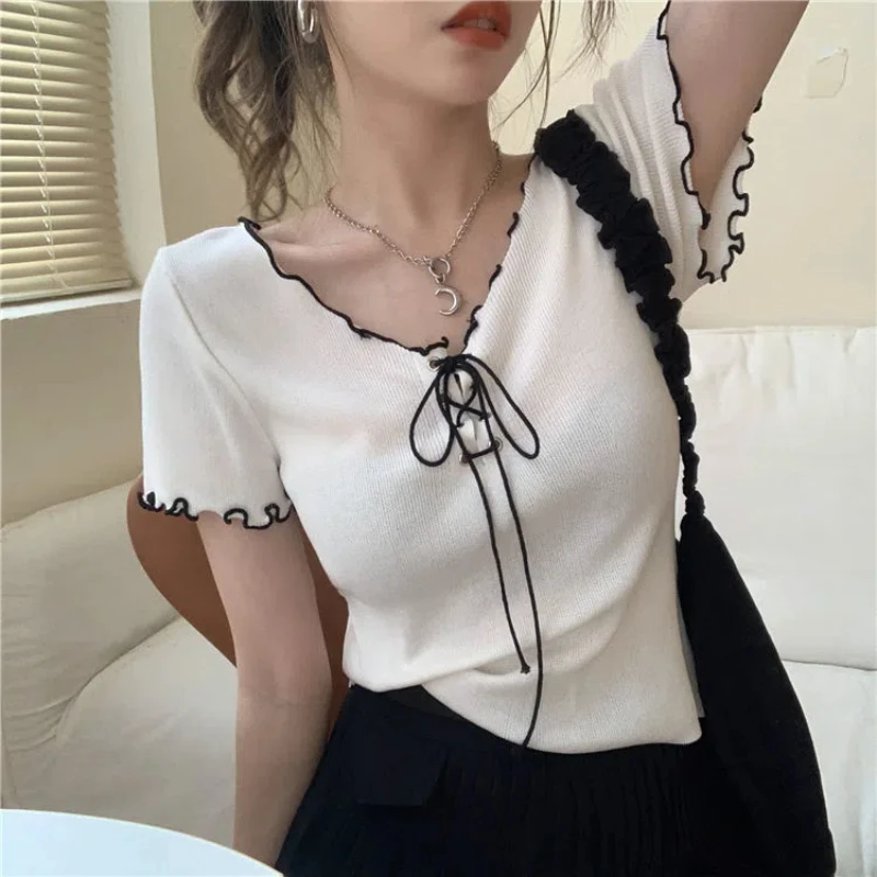 White V-neck Short Tops Tees Clothing Solid Color Loose Short Sleeve Bandage Short Fashion T Shirts Casual Sweet Women Summer