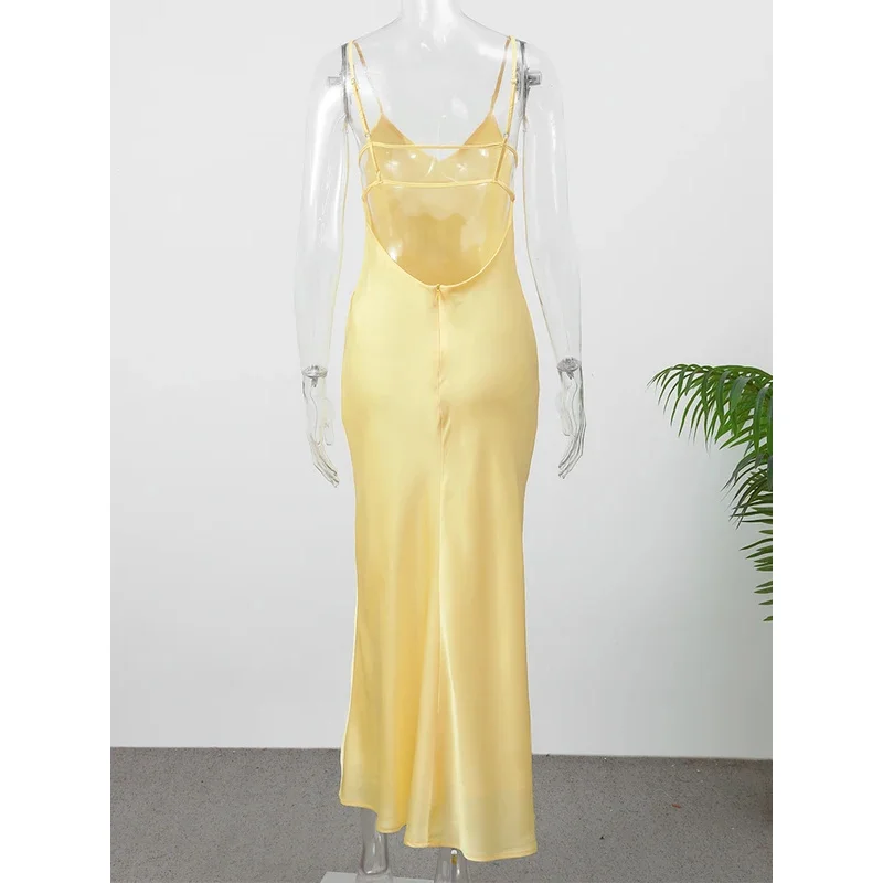 JIN Sexy Lady Solid Color Satin Strap Backless Long Dress Elegant Sleeveless Sling Maxi Dresses New  Woman Evening Party Robe