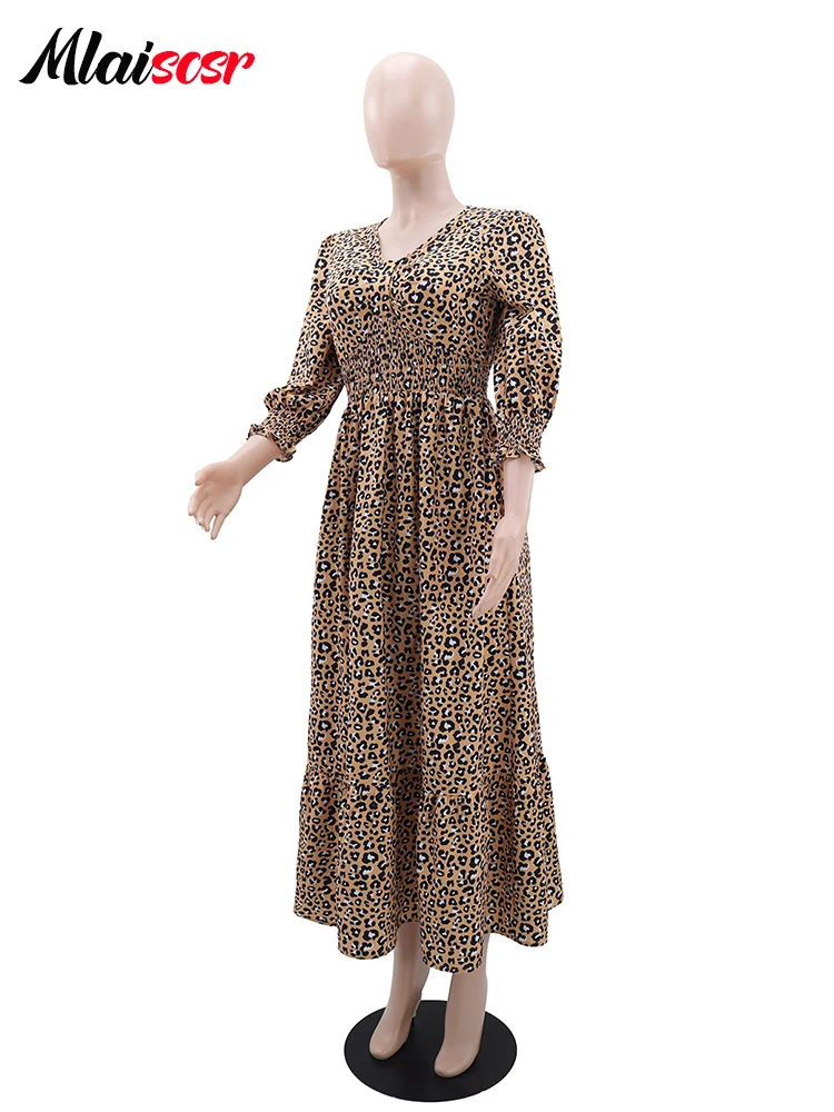 Mlaiscsr Abito a maniche lunghe con scollo a V con stampa leopardata per le donne Sexy allentato a vita alta con spacco Elegante festa di compleanno Boho Fashion Vestido