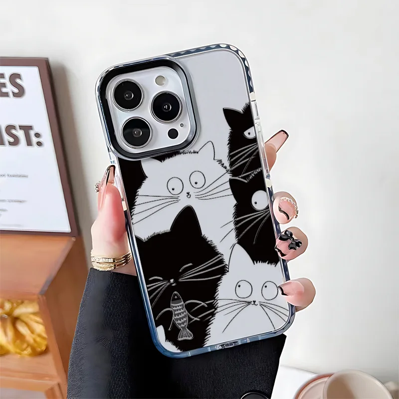 เคสโทรศัพท์แบบใสกันกระแทกลายฝูงแมวสีขาวดำสำหรับ iPhone15Pro 14 13มินิ12 11 XR 78 14PLUS SE3 xsmax เคสนิ่ม