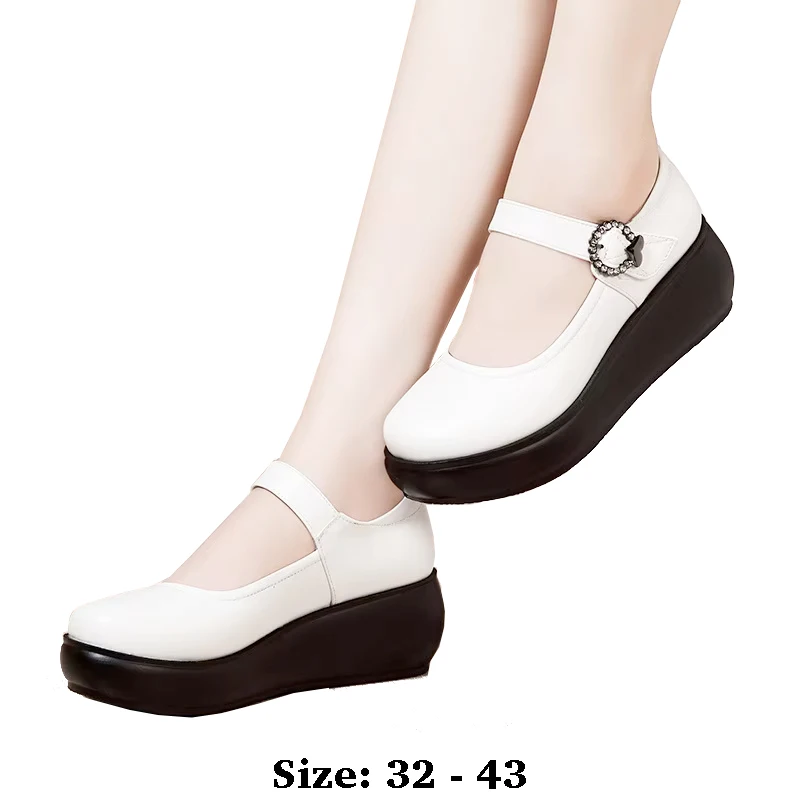 

high quality wedge leather shoe for women 6cm mid heel velcro round toe 2025 32 33 34 elegant work autumn shoe black red brown