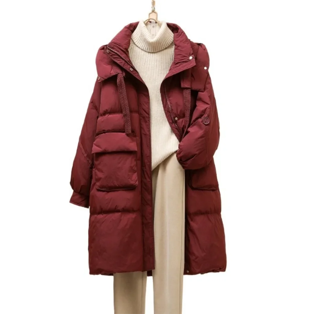 2024 New Female Hooded Long Down Jackets Thick Thermal Overcoats Korean Style Solid Color Pockets Drawstring Fluffly Coat