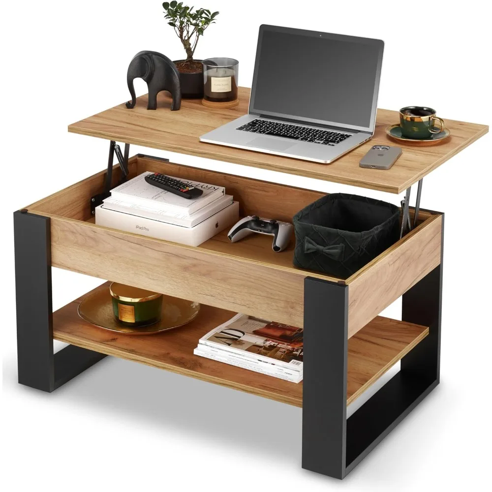 table basse relevable avec rangement - table de salon industrielle moderne - table basse avec étagère et compartiment caché - fabriquée