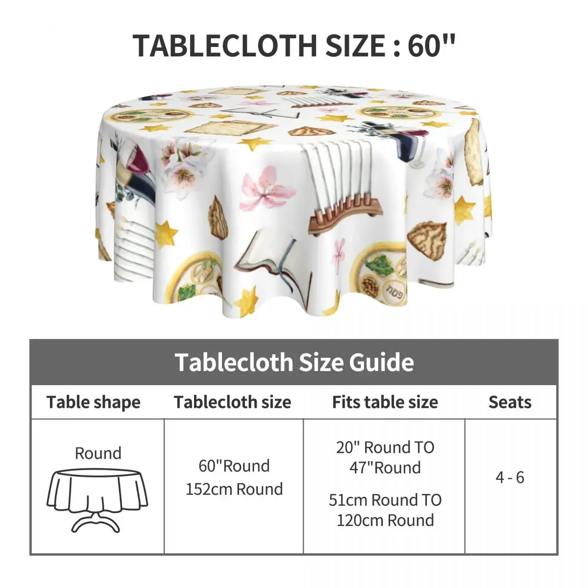 Jewish Passover Round Tablecloth Stars of David Wine Candlestick Waterproof Table Cloth Decor Home Dining Graphic Table Cover