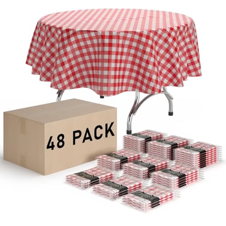 

Picnic Table Cover - Premium Round Plastic Tablecloth - and White Checke BBQ Table Cover - Gingham Checkerboard Disposable Plas