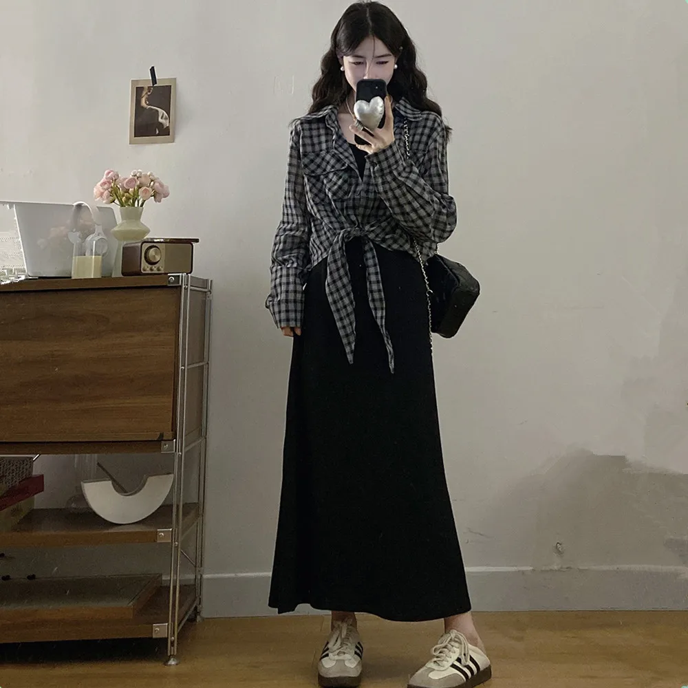 

Новинка осени: женский комплект из двух предметов в стиле ретро с длинным рукавом, клетчатый, на бретельках, в корейском стиле, для повседневной носки