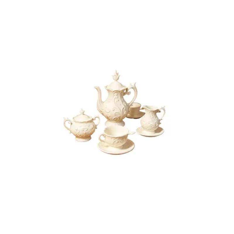 Artistically Designed Miniature Dollhouse Teapot Tea Cup Set with Flower Relief Dish