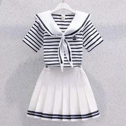 Summer Girls Suit Korean Style Sailor Collar Stripe Short Sleeve+Pleated Skirt 2Pcs Suits Jk Uniform Skirt Outfits for Girl