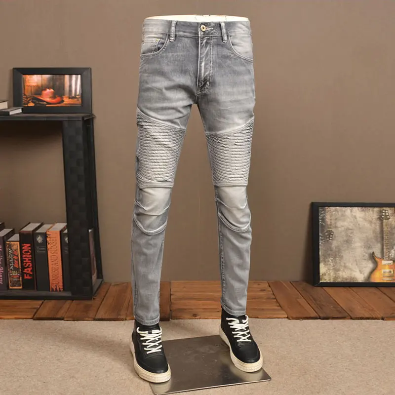 Street Fashion Heren Jeans Retro Grijze Stretch Slim Fit Gesplitste Designer Biker Jeans Heren Patched Hiphop Denim Potlood Broek Hombre