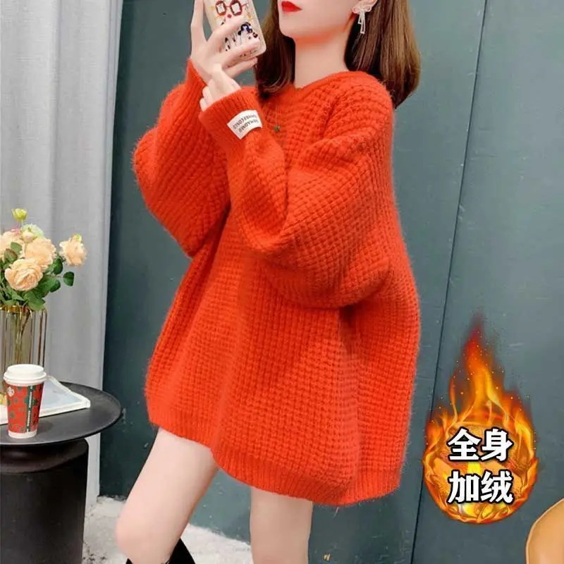 2023 Autumn and Winter Women Casual Streetwear Plush Warm Knitted Sweaters Solid O Neck Long Sleeve Oversized Pullovers Jumpers