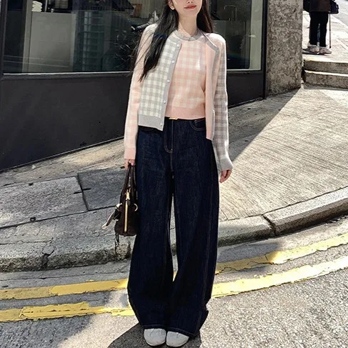 

8190 Knitted Cardigan Korean Style Round Neck Color Block Plaid Four-Stripe Button Design Vest Two-Piece Set For Women