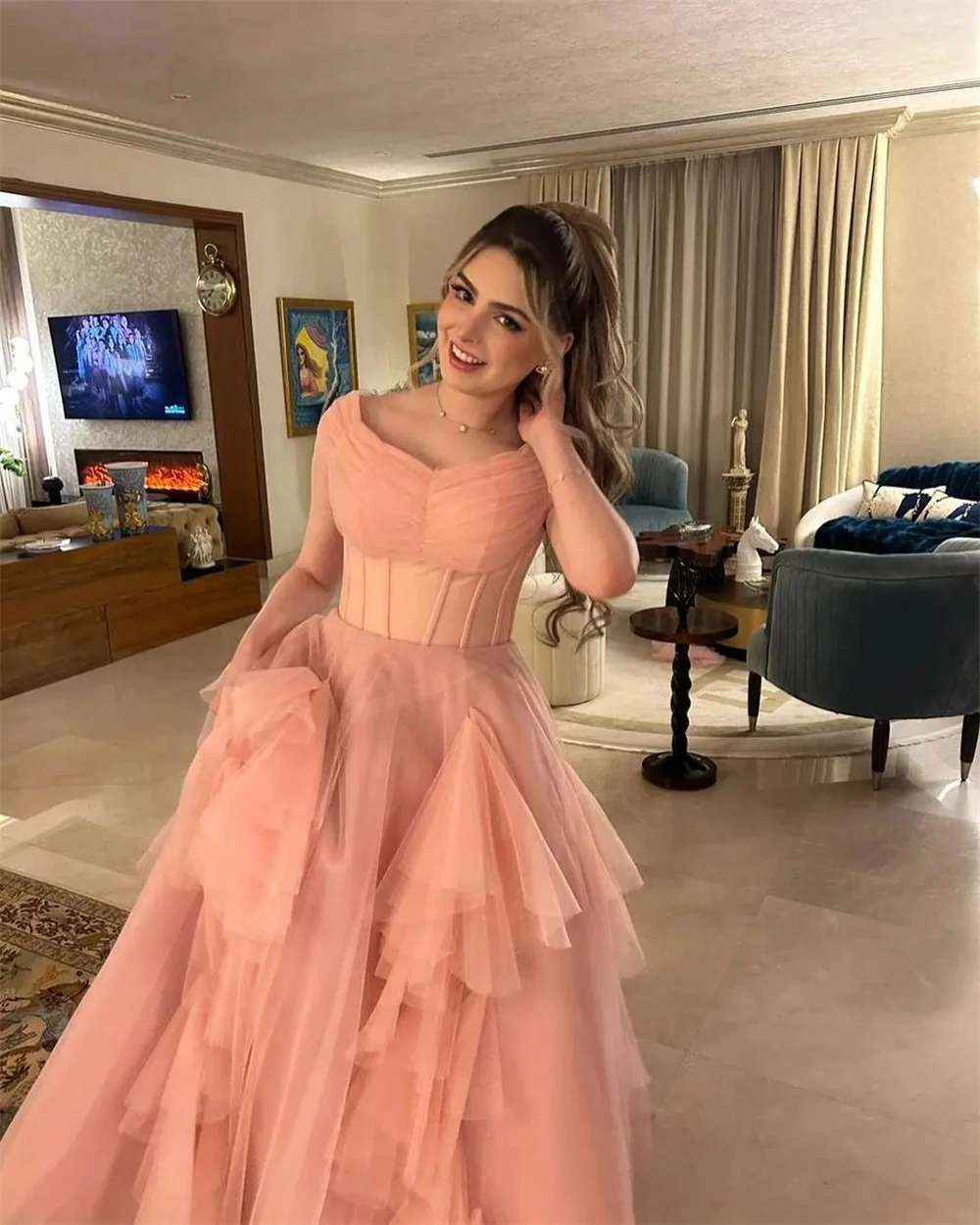 Personalizado jiayigong alta qualidade com decote em v vestido de baile quinceanera dobra tule organza ocasião vestido de noite gece elbisesi privatğün 