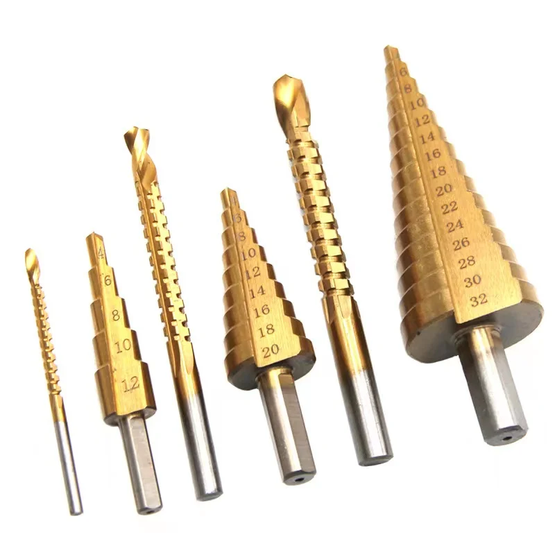 6Pcs HSS Set di punte per trapano a gradino in acciaio al titanio 4-12/20/32mm taglierina per fori in metallo cono di legno nucleo di perforazione foro per sega strumento Twist Saw Drill