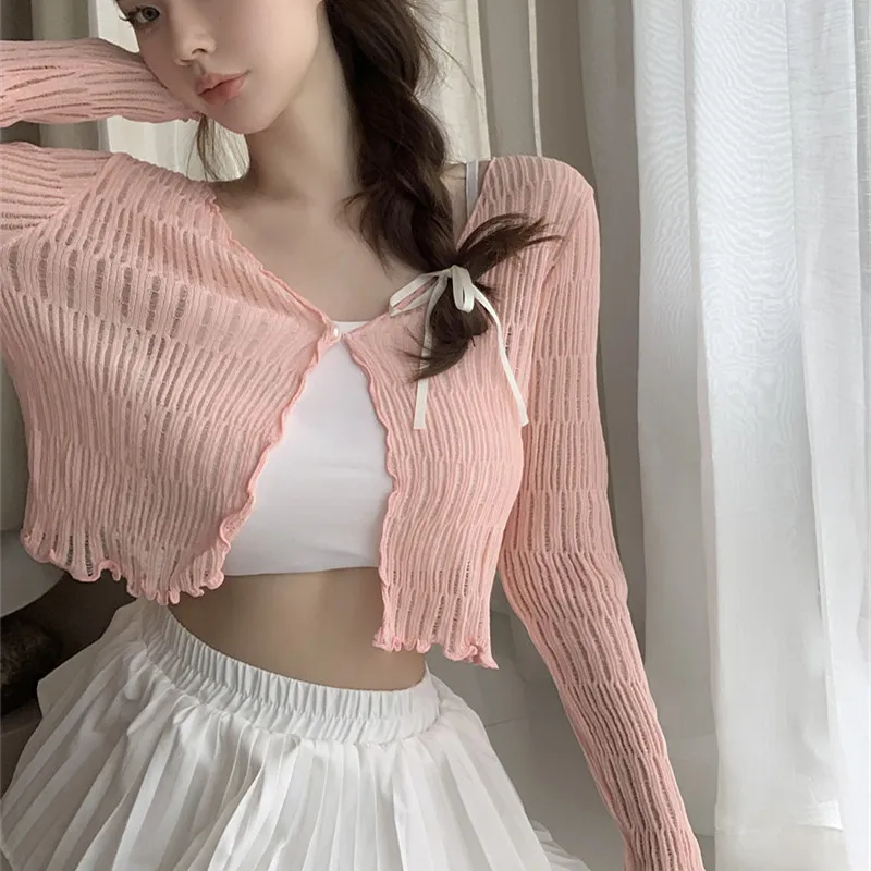 V-neck Ice Silk Knitted Cardigan Hollow Out Thin Crop Top Summer Sun Protection Shawl Women\'s Casual Shirt with Suspender Skirt