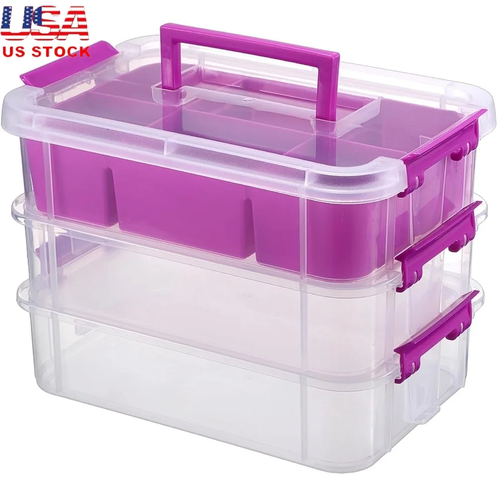 

3-уровневый штабелируемый ящик для хранения с разделенным подносом, прозрачный контейнер с защелкой, портативная ручка, принадлежности для рукоделия, ювелирных изделий, швейных принадлежностей