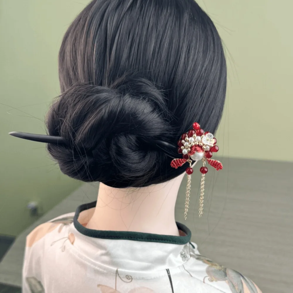 

Elegant Tassel New Chinese Style Hair Clip Red Flower Wooden Hair Stick Antique Pearl Hanfu Hairpin Hair Sticks for Buns