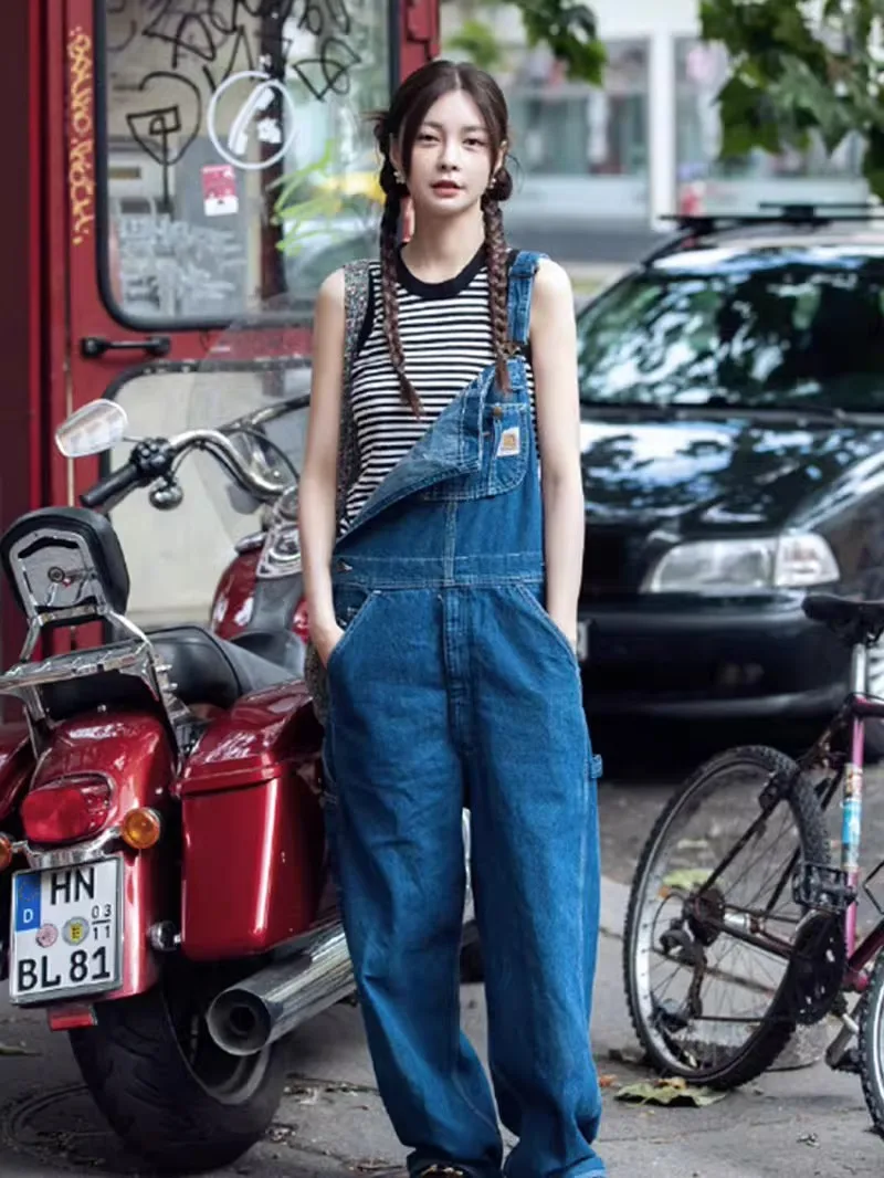 

EXJR Summer Vintage Denim Overalls High Waist Straight Leg Floor Length Pants Women's Long Trousers High Quality Ladies Jeans