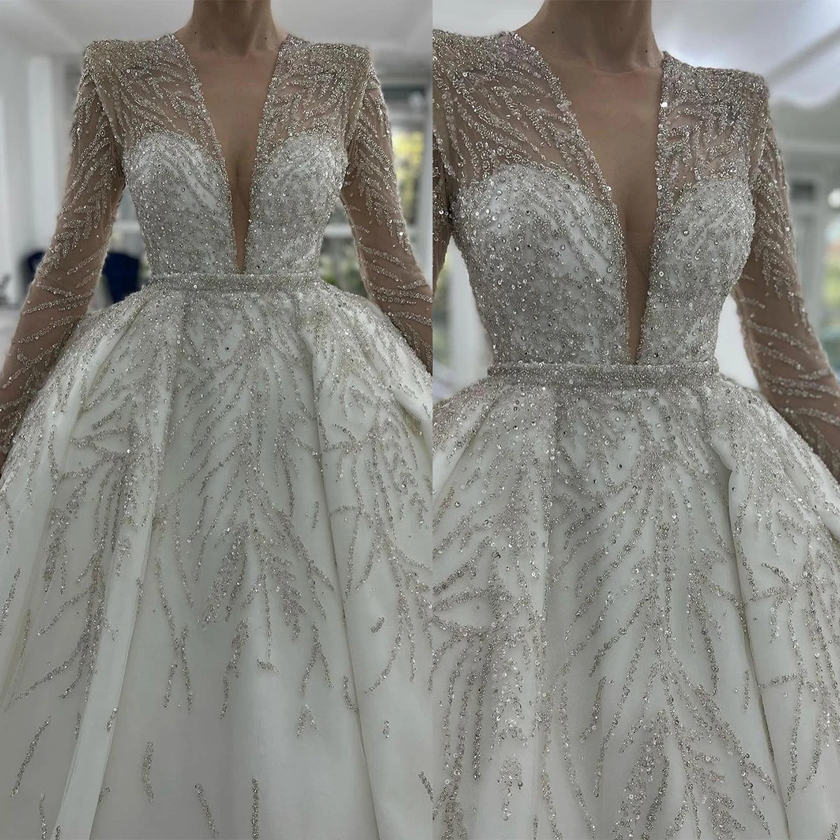 Vestidos De novia De lentejuelas ostentosas, cuello en V, mangas largas, Apliques De encaje, tren De barrido, vestidos De novia, Dubai, baile árabe