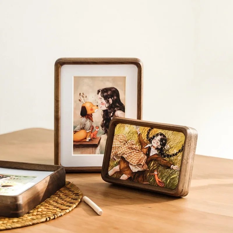Solid Walnut 6-Inch Round Corner Tabletop Picture Frame - Rustic Wood Photo Frame for Display and Decoration