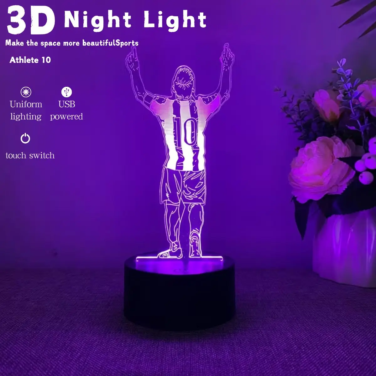 Luminária Noturna 3D USB de Futebol com Tema Jogador Nº 10, Lâmpada de Mesa LED 3D Sensível ao Toque, Presente Criativo de Aniversário