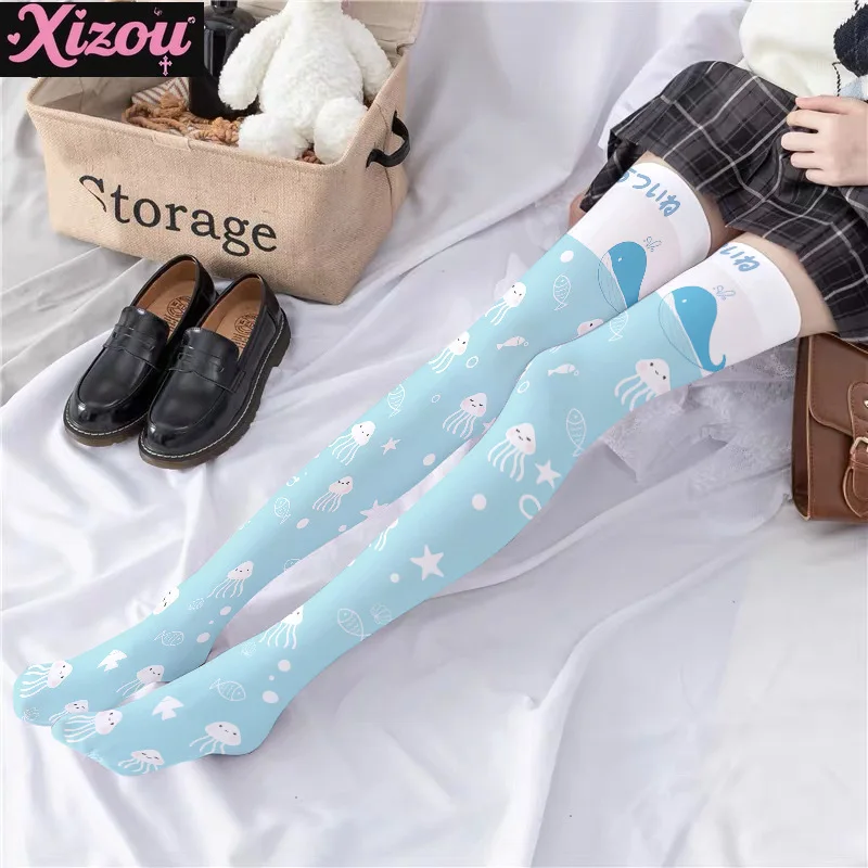 Soft Cute Girl Kawaii Print Stockings Thin Female Spring and Autumn Japanese Lolita Cute Anime Knee Long Tube White Velvet Socks
