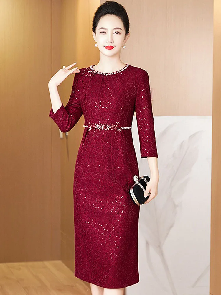 

Элегантное кружевное платье-ципао с пайетками для свадебных торжеств, для молодой свекрови, из дышащего полиэстера и спандекса, средней длины.