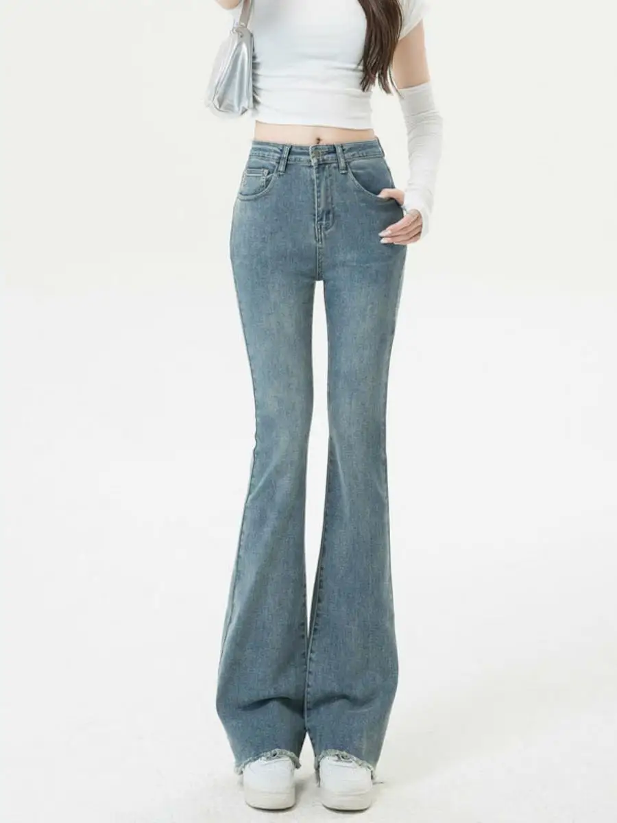 

Эластичные джинсы-колокольчики с высокой талией, женские длинные брюки в стиле ретро с потертостями, американские длинные брюки маленького размера