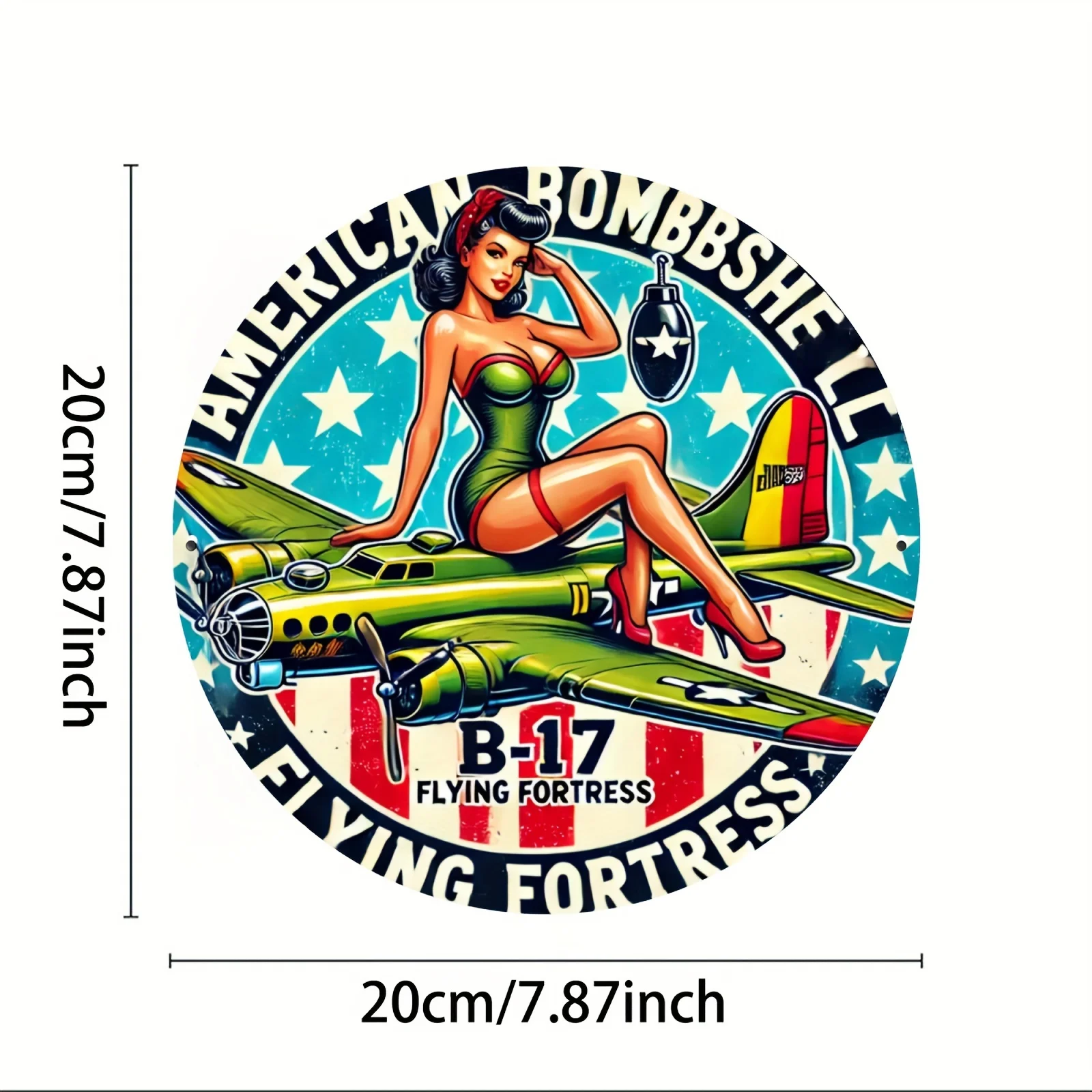 لافتة ألومنيوم دائرية كلاسيكية B-17 Flying Fortress - 20.32x20.32 سم ديكور حائط قديم مع تصميم العلم الأمريكي، متينة وE