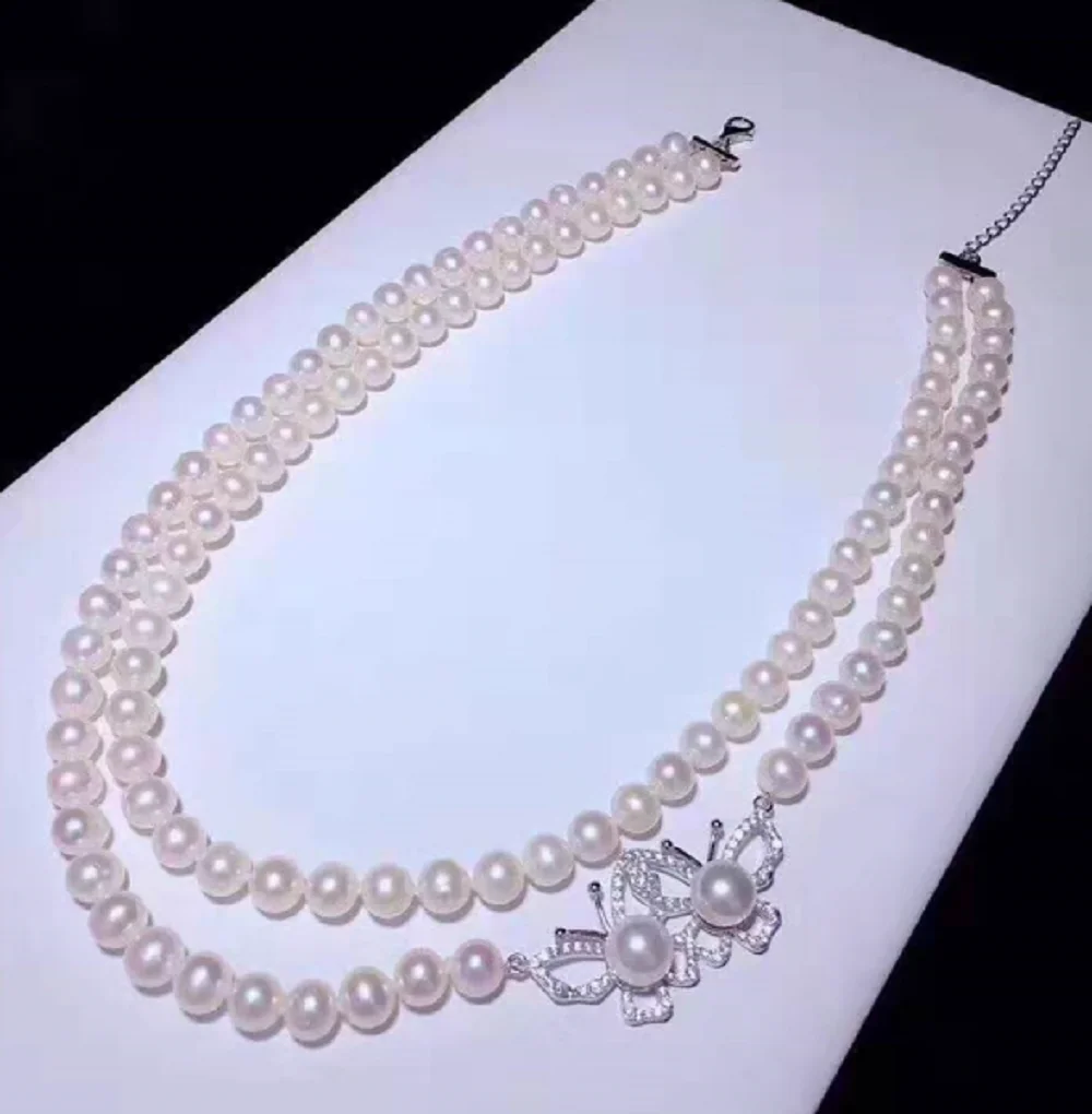 

2 ряда - жемчужное ожерелье AAAA7-8 мм, ожерелье из натурального японского круглого жемчуга 18-20 дюймов/двойная пуговица-бабочка, 925 s