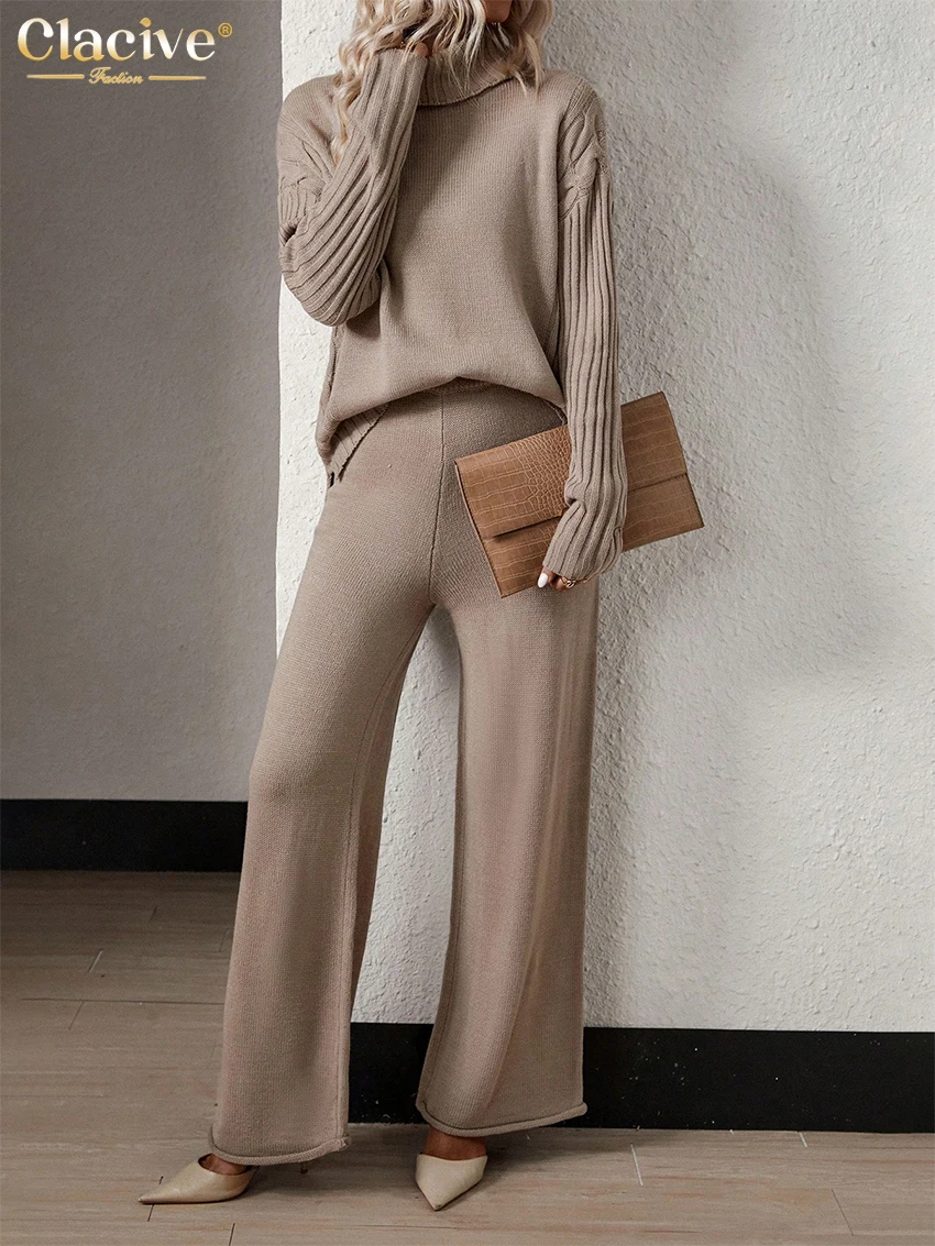 

Clacive Winter Loose Khaki 2 Pieces Set Women 2025 Fashion Long Sleeve Sweater With High Waist Wide Pants Set Female Clothing