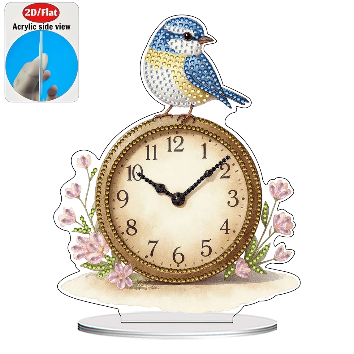2D Flat 1pc Bird and Flower Clock Acrylic Welcome Plaque Diamond Painting Desktop Ornament Set, Shiny Wall Decor, Holiday Gift