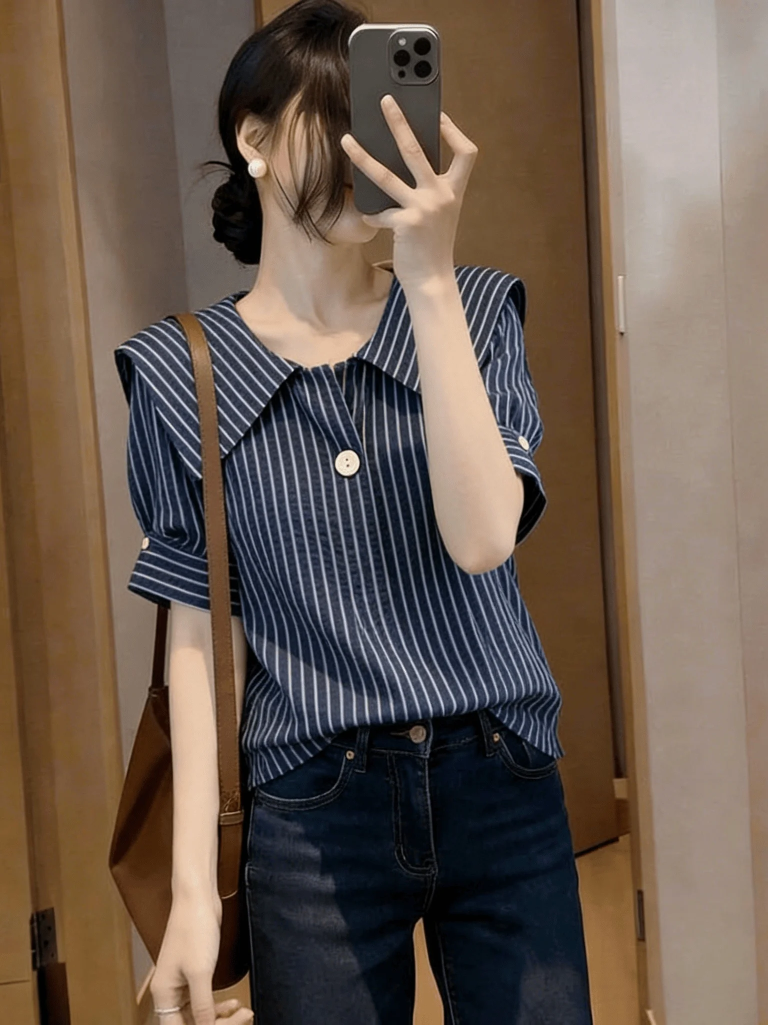 

Navy Stripe Short Sleeve Shirt Women's Loose Fit Commute Style Korean Version Big Size Fat MM Anti-Aging Naval Collar Top
