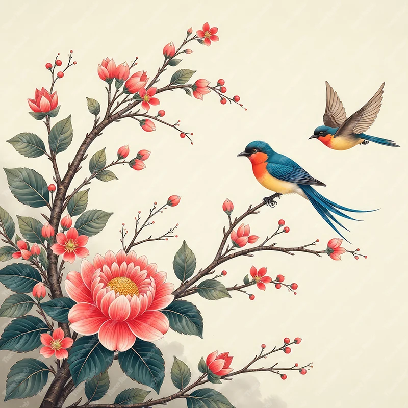 Three Ratels Beautiful flower and bird painting classic Chinese style art wall sticker for home Decoration