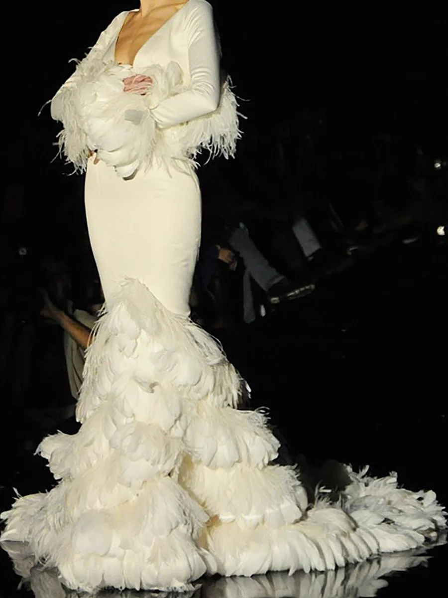 Elegant Satin V-Neck Full Sleeve Feather Mermaid Bride Wedding Dresses Bridal Gowns Customized