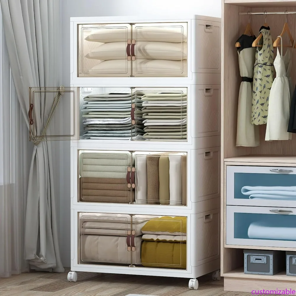 

Large Capacity Stackable Storage Bins with Lids and Wheels, Foldable Closet Organizers, Set of 4 Plastic Containers - 480 Quart