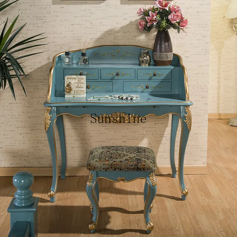 

American dresser, small apartment, blue dressing table, painted desk