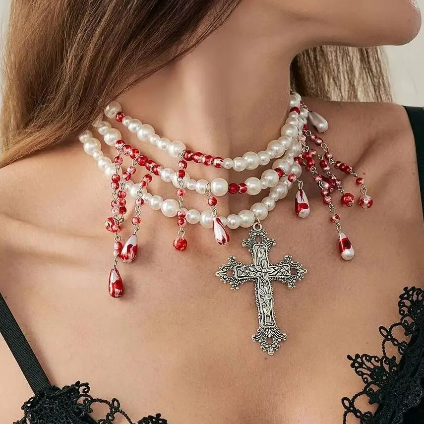 SHIXIN Goth Multi-layer Red Imitation Pearl Choker Necklace for Women Retro Jesus Cross Pendant Necklace Halloween Jewelry Gift
