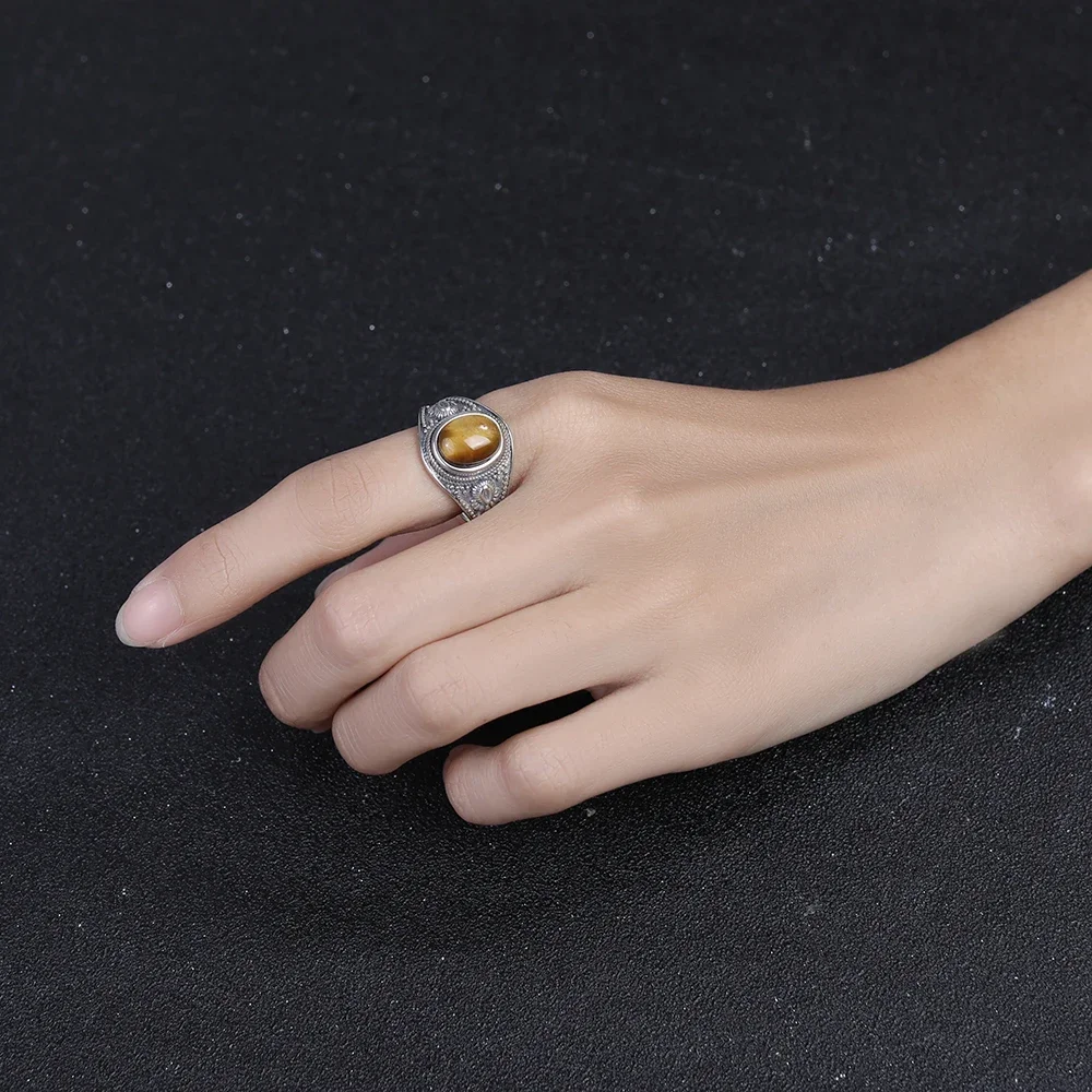 Anillo Vintage de Plata de Ley 925 para hombre y mujer, sortija ovalada de 8x10MM con piedra de ojo de tigre Natural, joyería de Rodocrosita de lujo