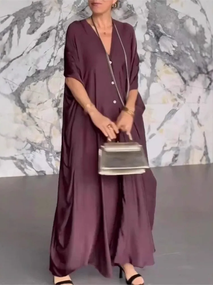 2026 신상 드레스 여성용 브이넥 새틴 루즈 캐주얼 배트 슬리브 A라인 루즈 웨이스트 로브 출퇴근 비즈니스 일상 휴일 원피스