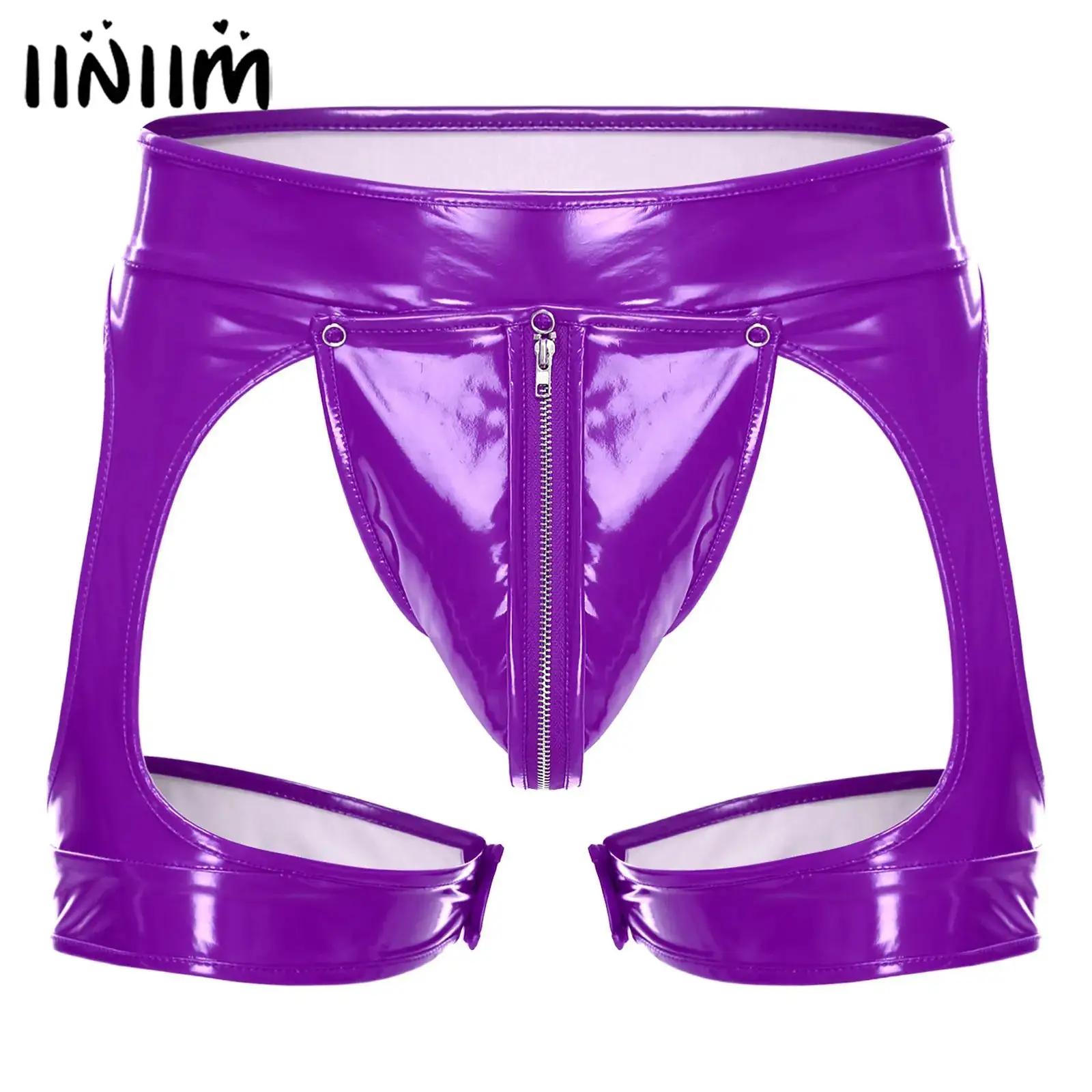 

Mens Lingerie Latex Underwear Faux Leather Bulge Pouch Open Butt Zipper Briefs Panties Zipper Sexy Thong Underwear with Leg Band
