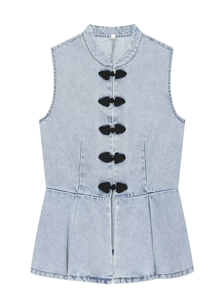 HH Women Summer French Chic Denim Vest Mandarin Collar Frog Buttons Sleeveless Peplum Hem For Holiday Vacation Brunch Party Wear