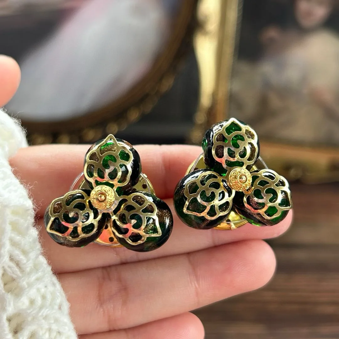 Italian grandma exaggerated green glazed medieval West German ear clips incense gray glazed handmade beaded stud earrings