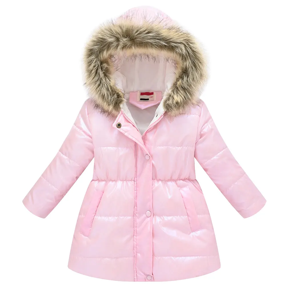 Children's Down Cotton Coat Fur Hooded Zipper Girls Padded Jacket Candy Color Warm Snowsuits Winter Windproof Puffer Parka