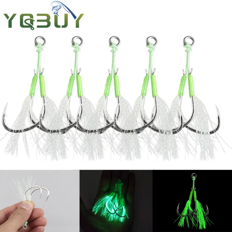 5PCS Luminous Iron Plate Fish Hooks 1/0#-4/0# Double Handmade Steel Wire Lead for Sea And Night Fishing