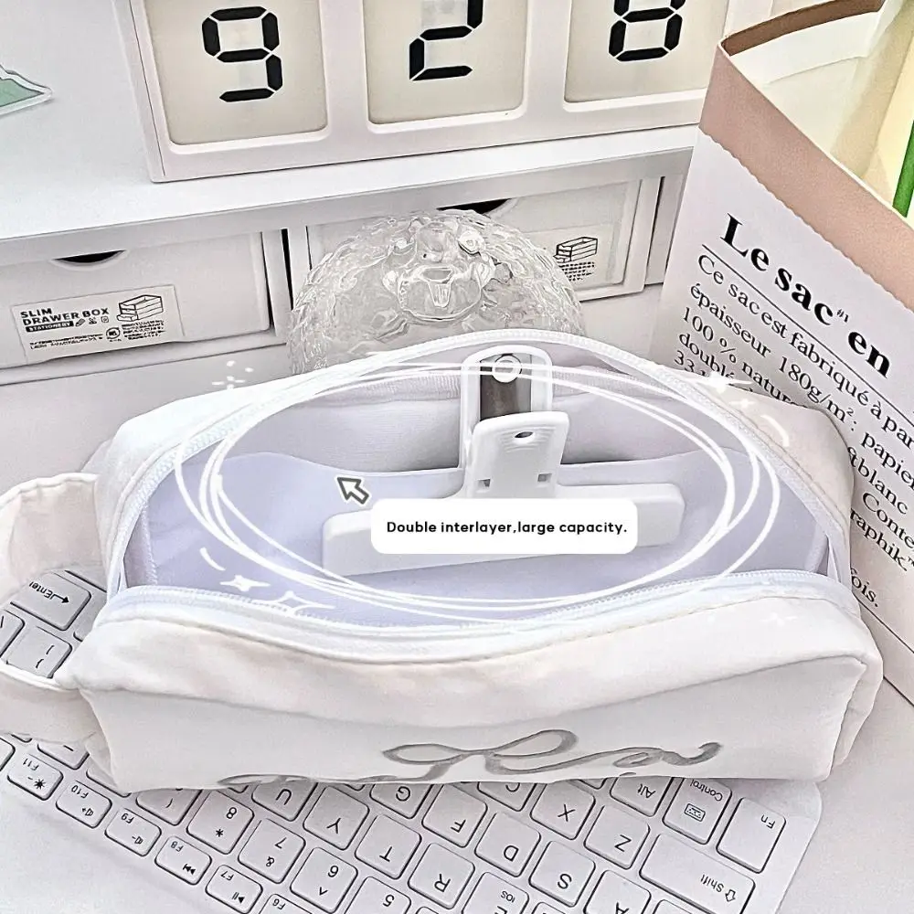 High Quality Canvas Pen Bag Bow Embroidery Large Capacity Stationery Bag Back To School Gift Pen Box School Office
