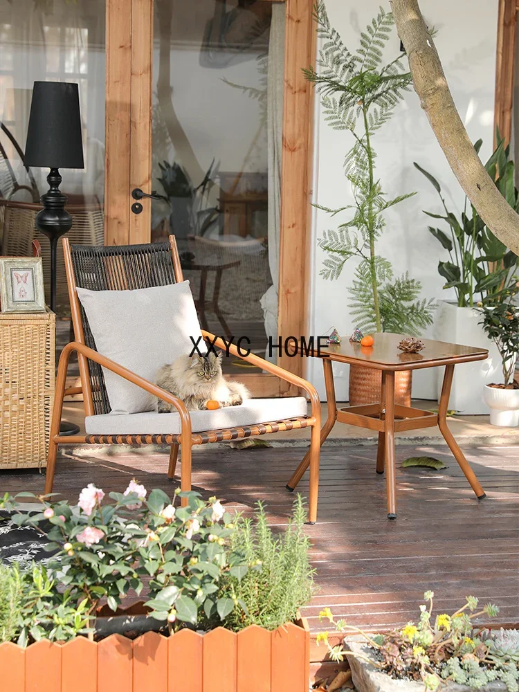 

Balcony Small Table and Chair Leisure Chair Chinese Style Lunch Break Recliner Rattan Chair Courtyard Garden Outdoor Desk-Chair